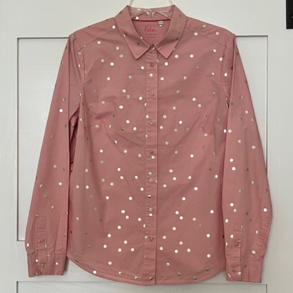 Boden Pink Button Down w/ Metallic Polk-a-dots
